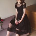 Set: Short-sleeve Lace A-line Dress + Slipdress