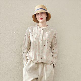 Long-sleeve Dotted Button-up Linen Blend Blouse