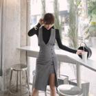 Set: Long-sleeve Knit Top + Slit-hem Jumper Dress