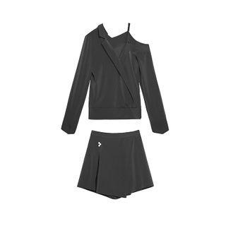 Set: Long-sleeve Cold-shoulder Shirt + Skort