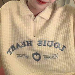 Long-sleeve Embroidered Half Zip Top Milky White - One Size