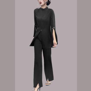 Set: Flared-sleeve Front-slit Blouse + Front-slit Boot-cut Pants