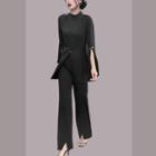 Set: Flared-sleeve Front-slit Blouse + Front-slit Boot-cut Pants