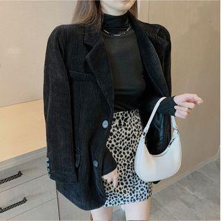 Long-sleeve Mock-neck Top / Leopard Print Mini Skirt / Single-breasted Blazer