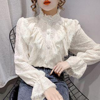 Bell-sleeve Mock-neck Lace Blouse