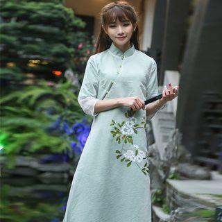 3/4-sleeve Printed A-line Maxi Dress