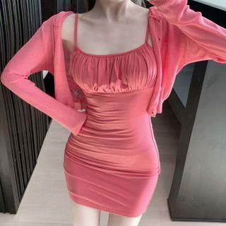 Spaghetti Strap Ruched Bodycon Dress / Plain Cropped Knit Cardigan