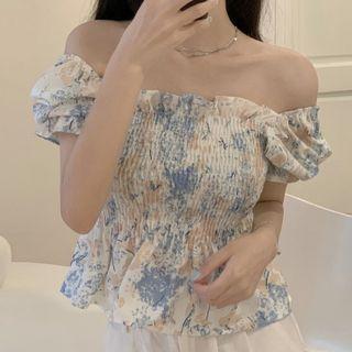 Short-sleeve Floral Print Blouse Blue & Khaki & White - One Size