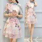 Floral Print Short-sleeve A-line Dress With Mandarin Collar