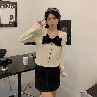 Puff-sleeve Bow T-shirt Almond - One Size
