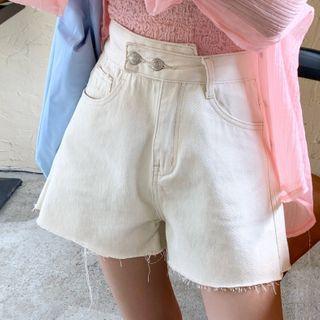 Wide-leg Denim Shorts / Plaid Puff-sleeve Blouse / Lace Up Short-sleeve Blouse