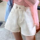 Wide-leg Denim Shorts / Plaid Puff-sleeve Blouse / Lace Up Short-sleeve Blouse