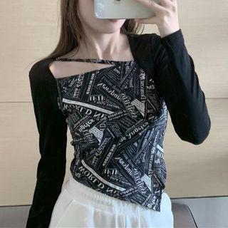 Lettering Print Panel Irregular Cropped T-shirt