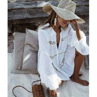 Crochet Panel Long-sleeve Blouse