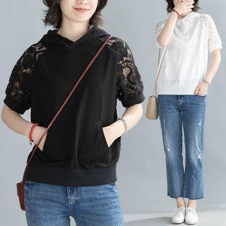 Lace Panel Short-sleeve Hoodie