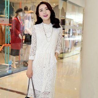Long-sleeve Drawstring-waist Lace Dress
