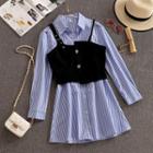 Set: Striped Long-sleeve Mini Shirtdress + Cropped Camisole