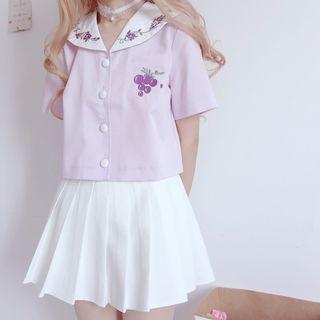 Embroidered Short-sleeve Shirt / Pleated Skirt
