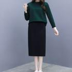 Set: Plain Long-sleeve Top + Straight Fit Midi Skirt