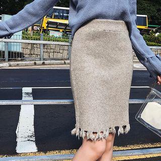 Fringed Knit Pencil Skirt