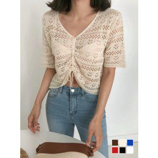 Drawstring-front Cropped Pointelle-knit Top