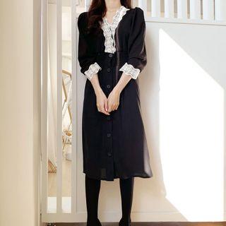Long-sleeve Lace Detail Midi Dress