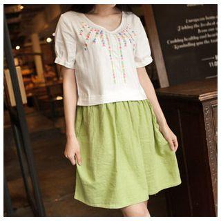 Embroidered Mock Two-piece Short-sleeve Dress