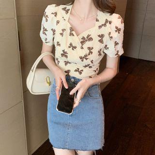 Short-sleeve Bow-back Blouse / Distressed A-line Denim Skirt