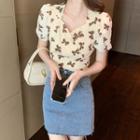 Short-sleeve Bow-back Blouse / Distressed A-line Denim Skirt