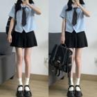 Short-sleeve Plain Shirt / Mini Pleated Skirt / Set
