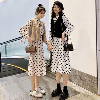 Cable Knit Vest / Long-sleeve Dotted Midi Dress / Set