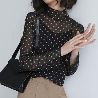 Set: Polka Dot Mock Neck Chiffon Long-sleeve Top + Camisole Top