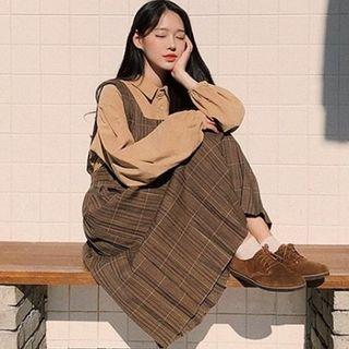 Set: Plaid Midi A-line Overall Dress + Shirt