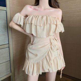 Off-shoulder Plain Ruffled Mini A-line Dress