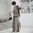 Set: Puff-sleeve Velvet Top + Wide-leg Pants
