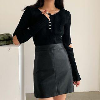 Long-sleeve Buttoned Placket Cutout Knit Top