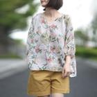 3/4-sleeve Floral Tunic Top As Shown In Figure - One Size