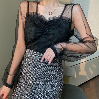 Sheer Panel Long-sleeve Top Black - One Size