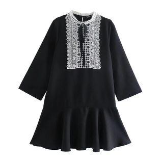 Long-sleeve Ribbon Accent Lace Panel Mini Dress