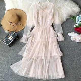 Set: Bell-sleeve Midi Mesh Layered Dress + Camisole
