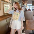 Elbow-sleeve Dotted Mesh Printed T-shirt Light Blue - One Size