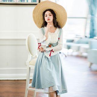 Set: Square Neck Blouse + Embroidered Pinafore Dress