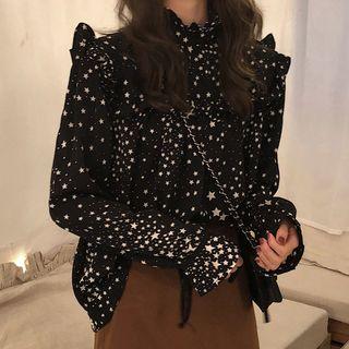 Star Print Frill Trim Blouse