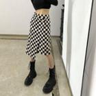 Checkerboard Slit Asymmetrical Skirt