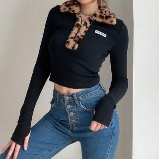 Long-sleeve Fluffy Leopard Print Trim Crop Top