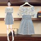 Ruffle Trim Floral Blouse / Suspender Denim Mini A-line Skirt / Set