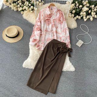 Set Of 2 : Retro Print Long-sleeve Top + High-waist Lace-up Strap Slit Skirt