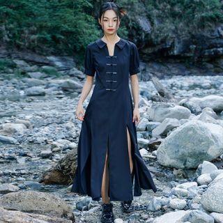 Puff Sleeve Collared Slit Midi A-line Dress