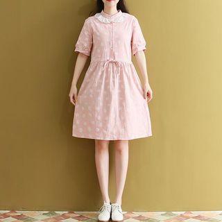Flower Print Short-sleeve Drawstring A-line Dress