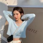 Long-sleeve Cropped Knit Top Blue - One Size